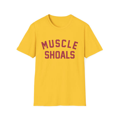Yellow t-shirt with maroon text reading "MUSCLE SHOALS".