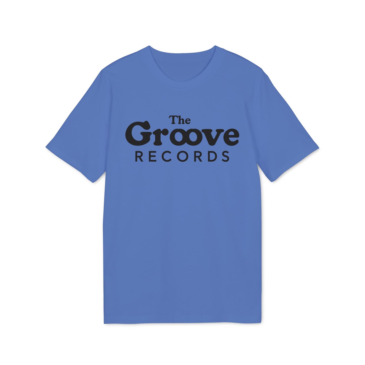 Blue t-shirt with "The Groove Records" text in black.