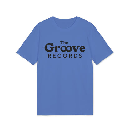 Blue t-shirt with "The Groove Records" text in black.