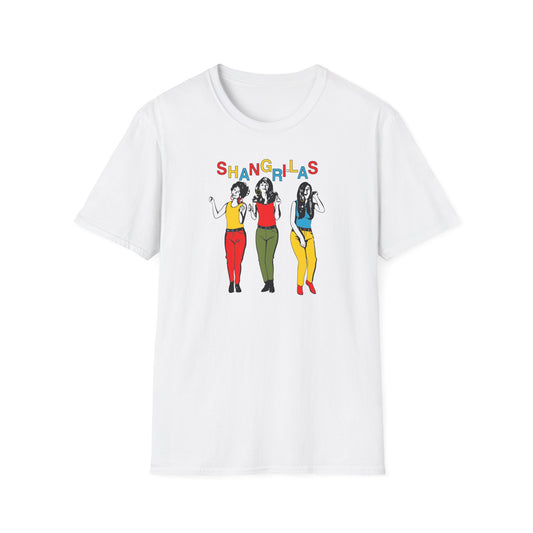 White t-shirt with "SHANGRI-LAS" text and three stylized women in colorful outfits.