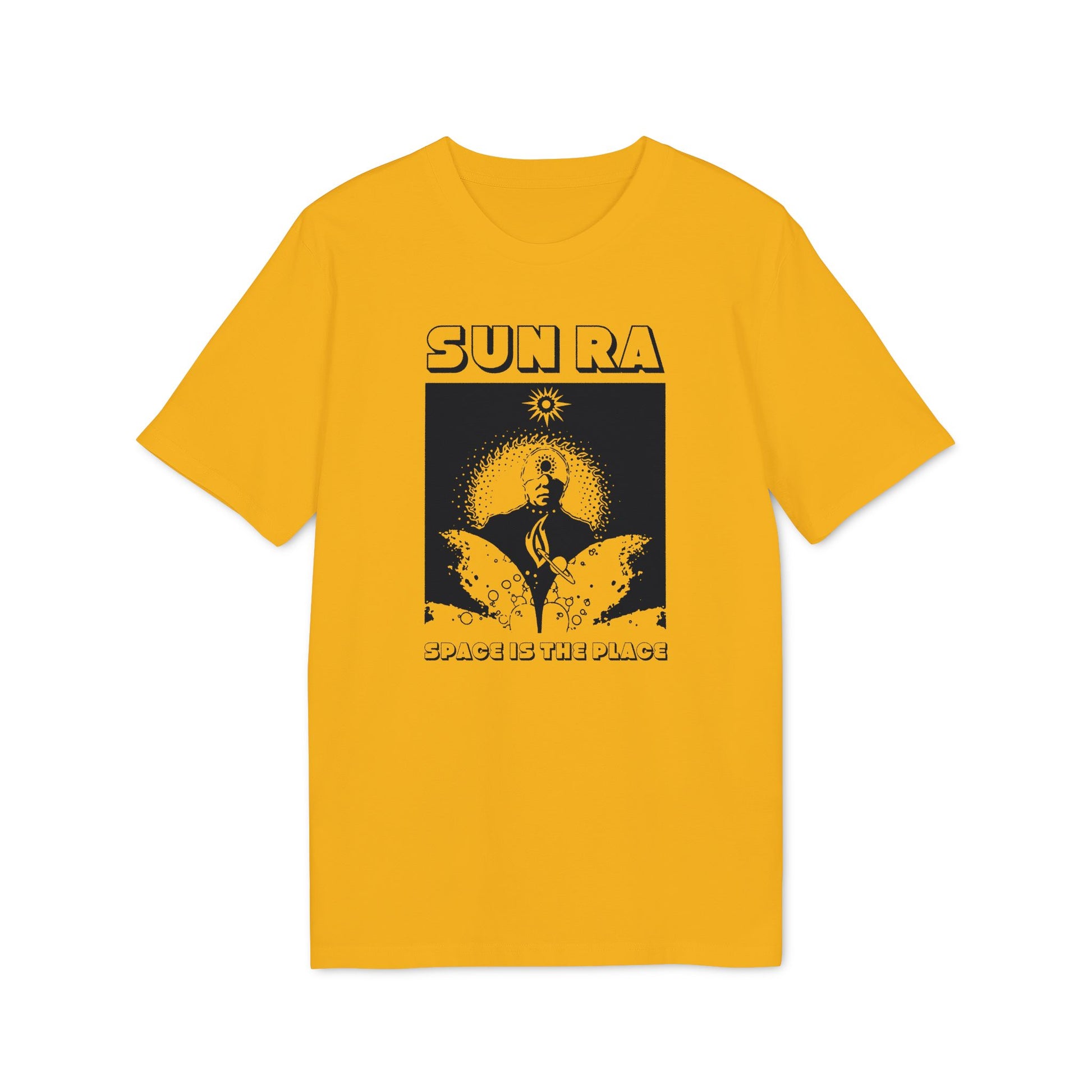 Yellow t-shirt with black Sun Ra graphic and "SPACE IS THE PLACE" text.