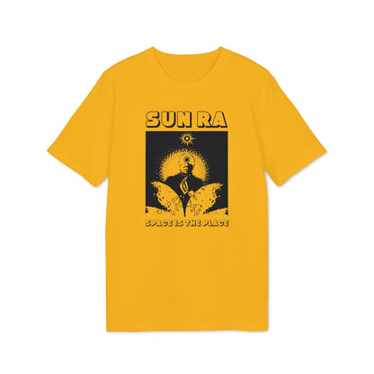 Yellow t-shirt with black Sun Ra graphic and "SPACE IS THE PLACE" text.