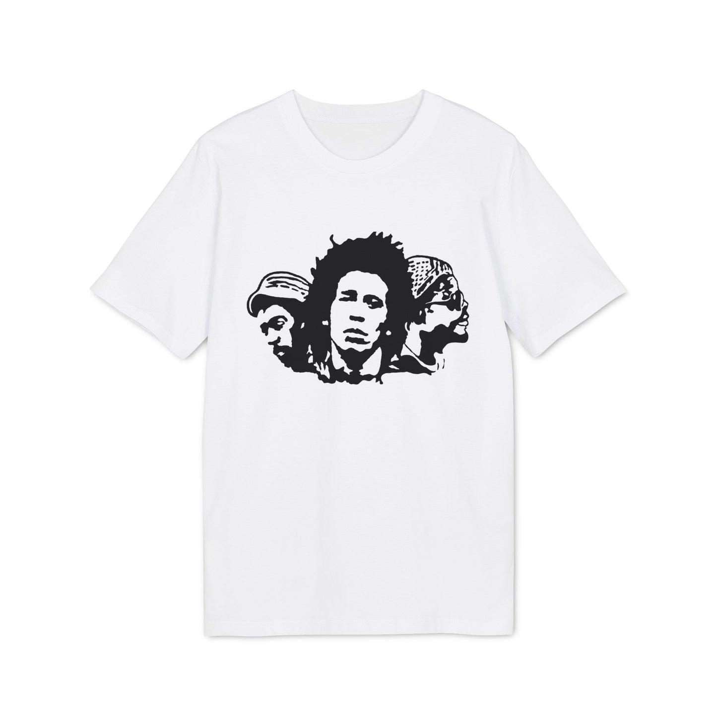 White t-shirt with black stencil graphic of three men's heads.