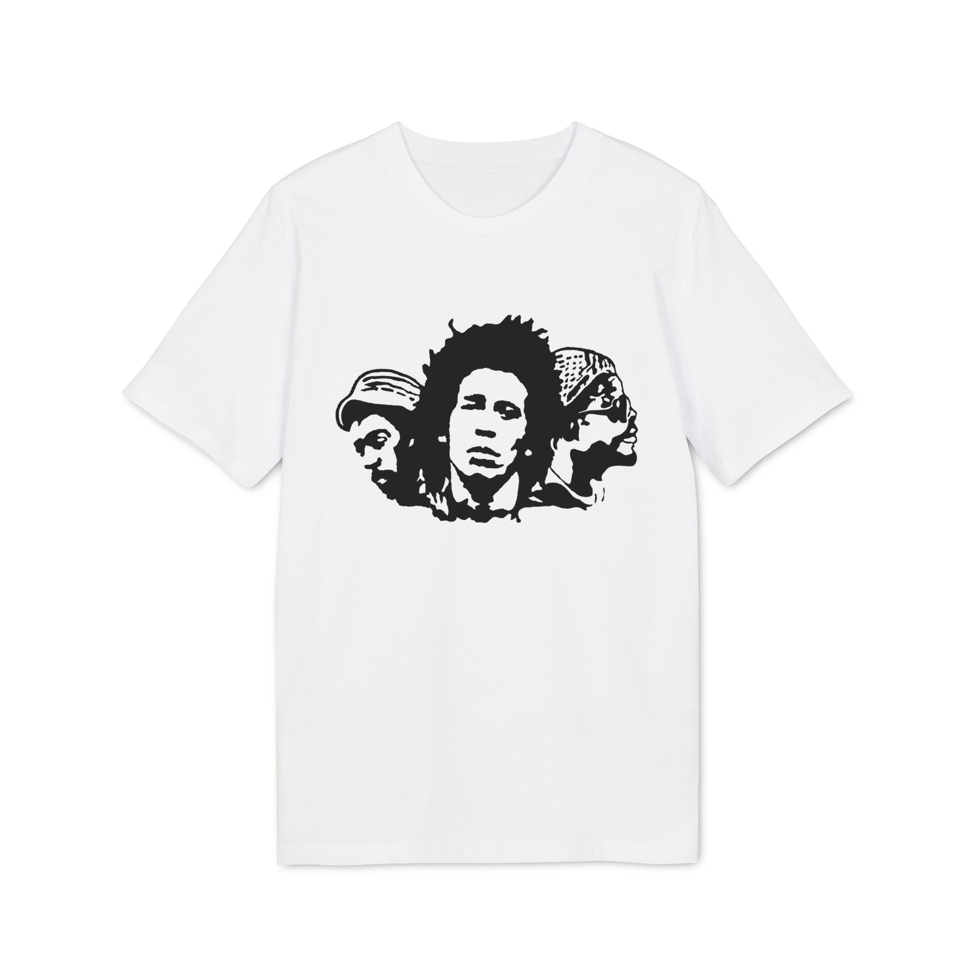 White t-shirt with black stencil graphic of three men's heads.