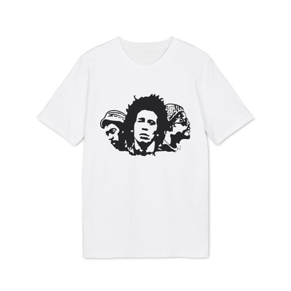 White t-shirt with black stencil graphic of three men's heads.