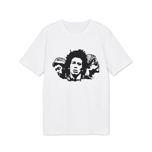 White t-shirt with black stencil graphic of three men's heads.