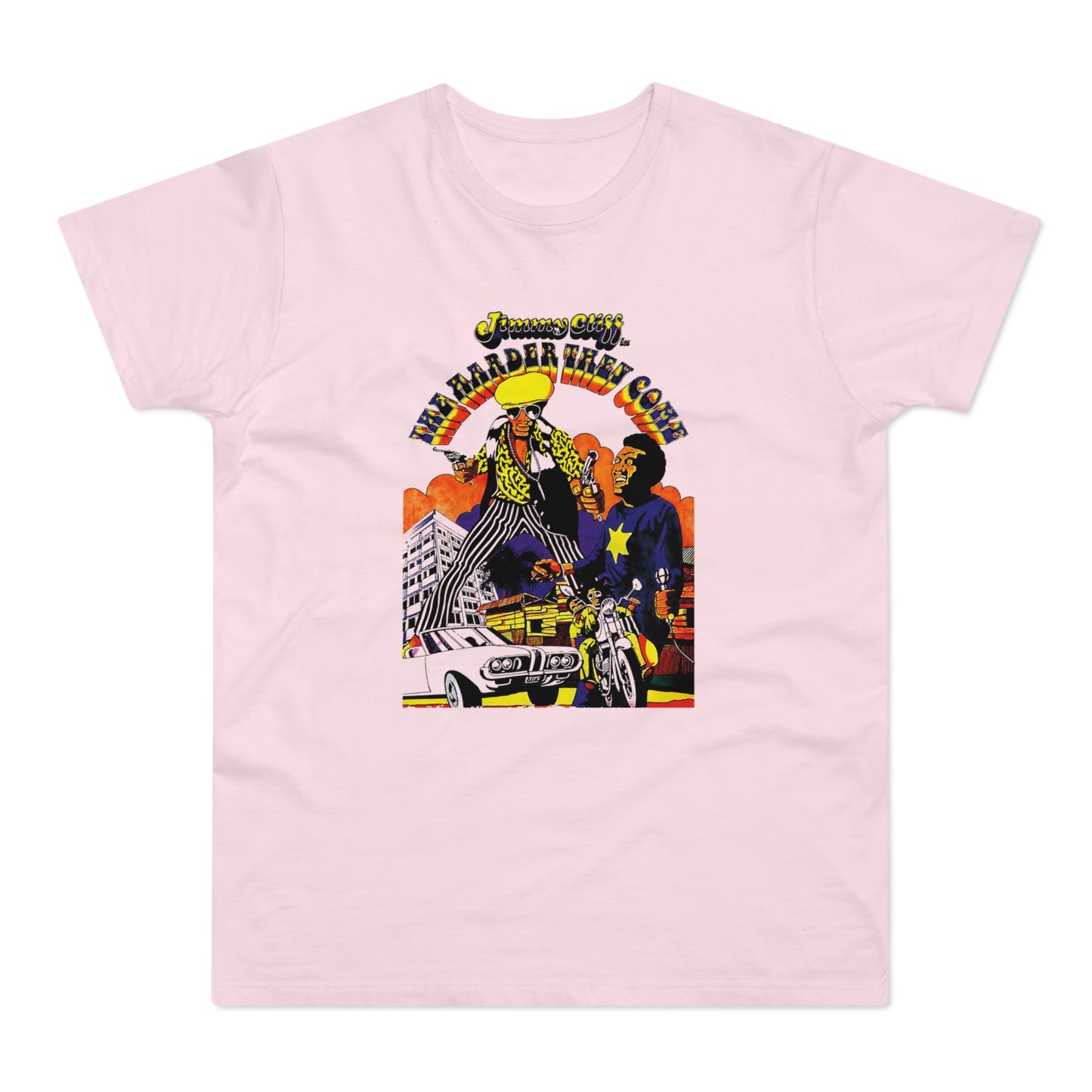Jimmy Cliff's "The Harder They Come" graphic with men, car, and motorcycle.