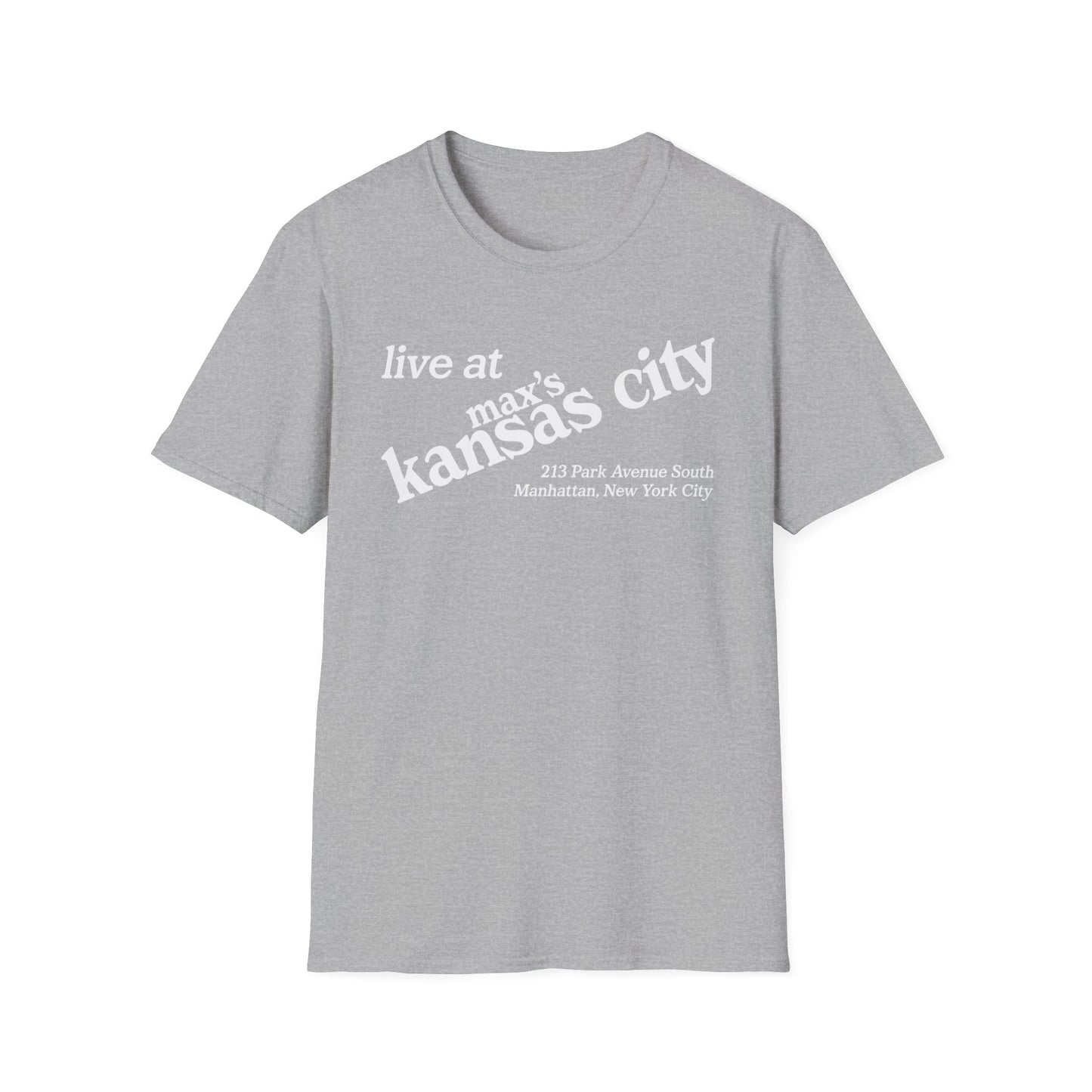Grey t-shirt with white text "live at max's kansas city" and address.