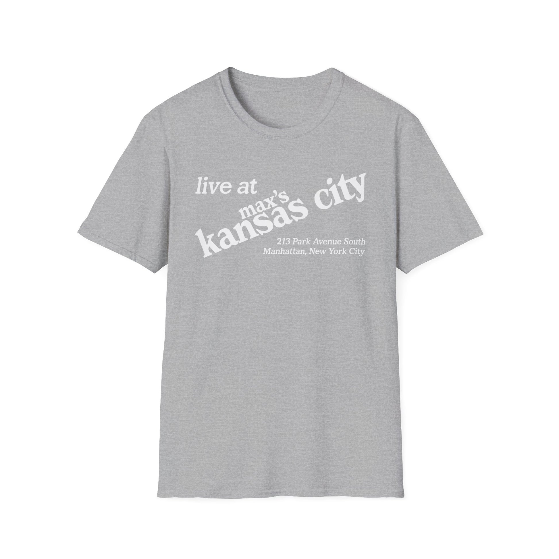 Grey t-shirt with white text "live at max's kansas city" and address.