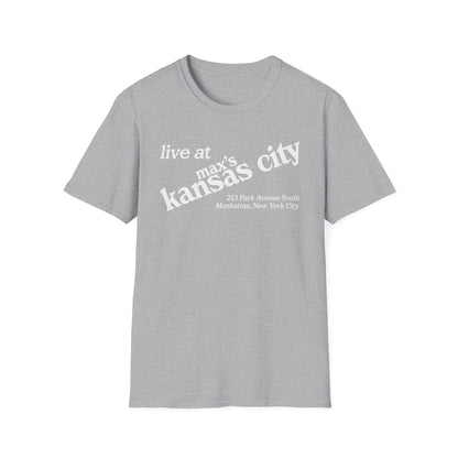 Grey t-shirt with white text "live at max's kansas city" and address.