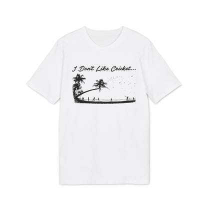 White t-shirt with "I Don't Like Cricket..." slogan and beach scene graphic.