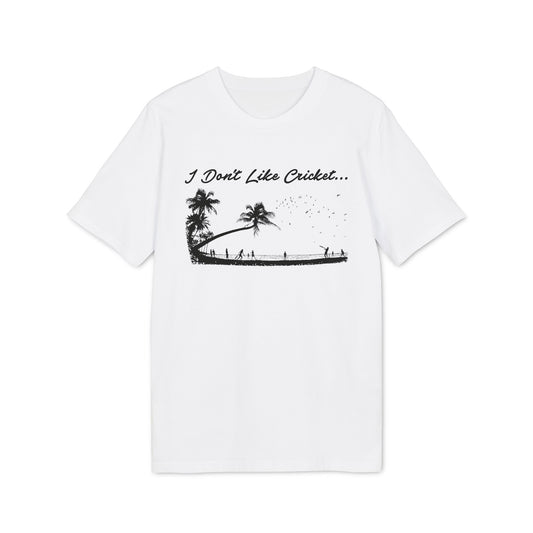 White t-shirt with "I Don't Like Cricket..." slogan and beach scene graphic.