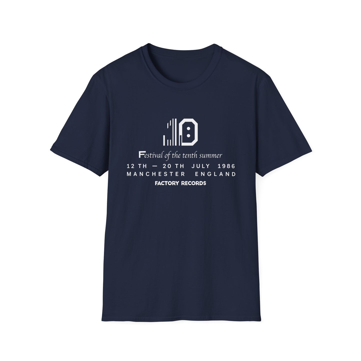Dark blue t-shirt with "Factory Records" text and festival details.