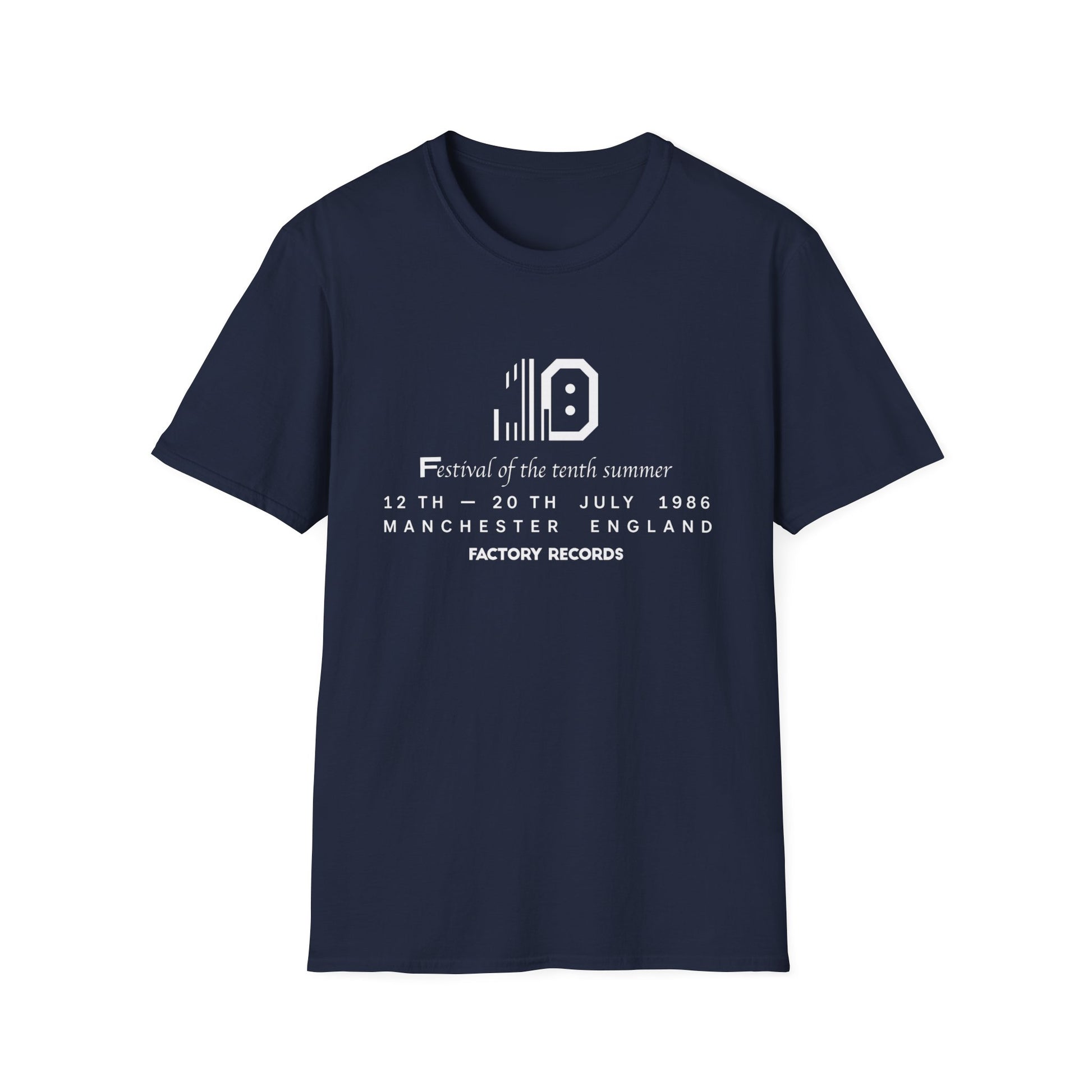 Dark blue t-shirt with "Factory Records" text and festival details.