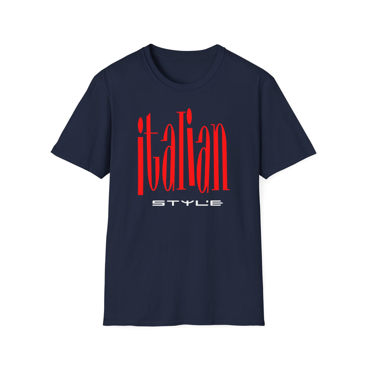 Navy t-shirt with red "Italian STYLE" graphic print.