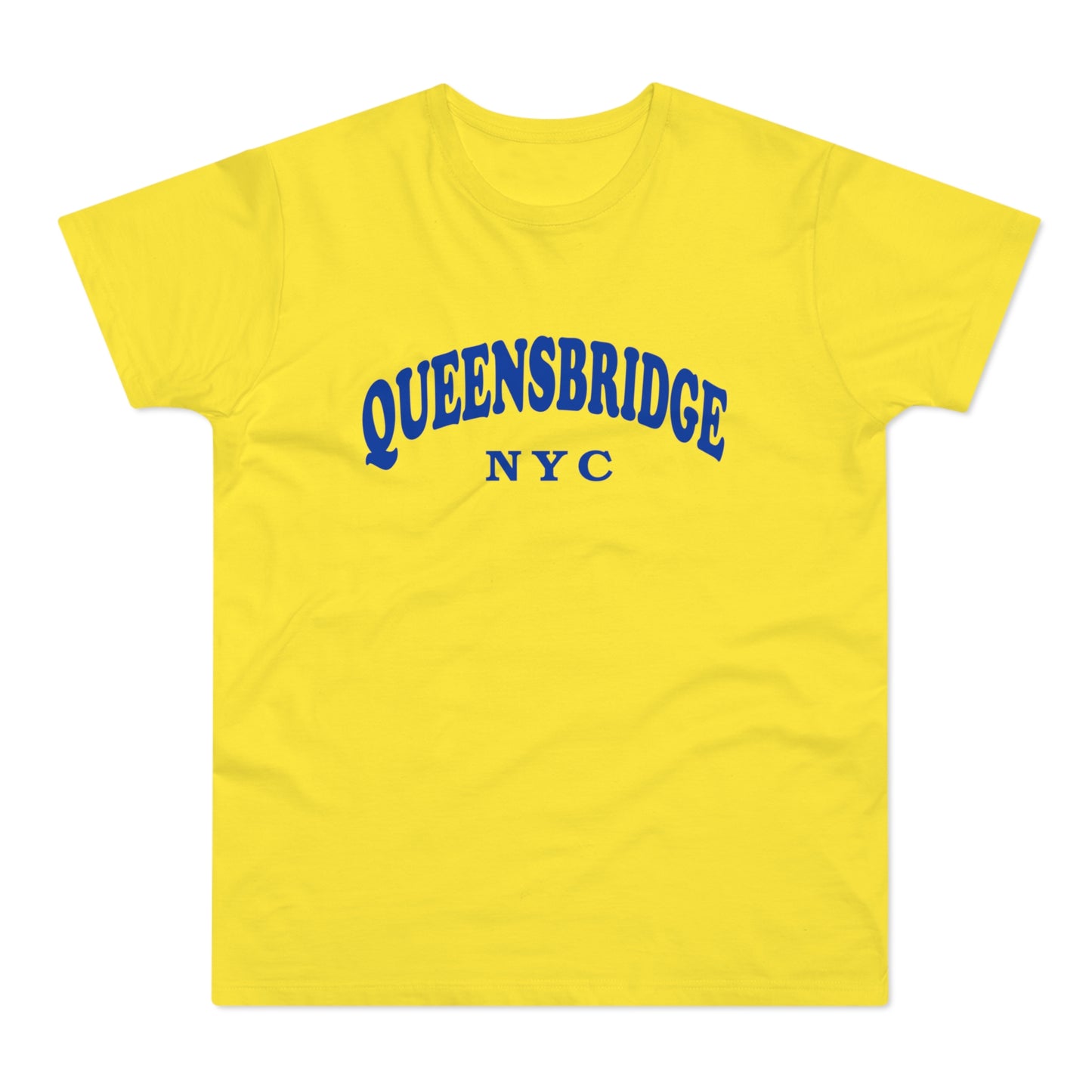 Yellow t-shirt with blue "QUEENSBRIDGE NYC" text.