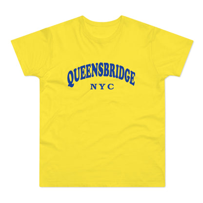Yellow t-shirt with blue "QUEENSBRIDGE NYC" text.
