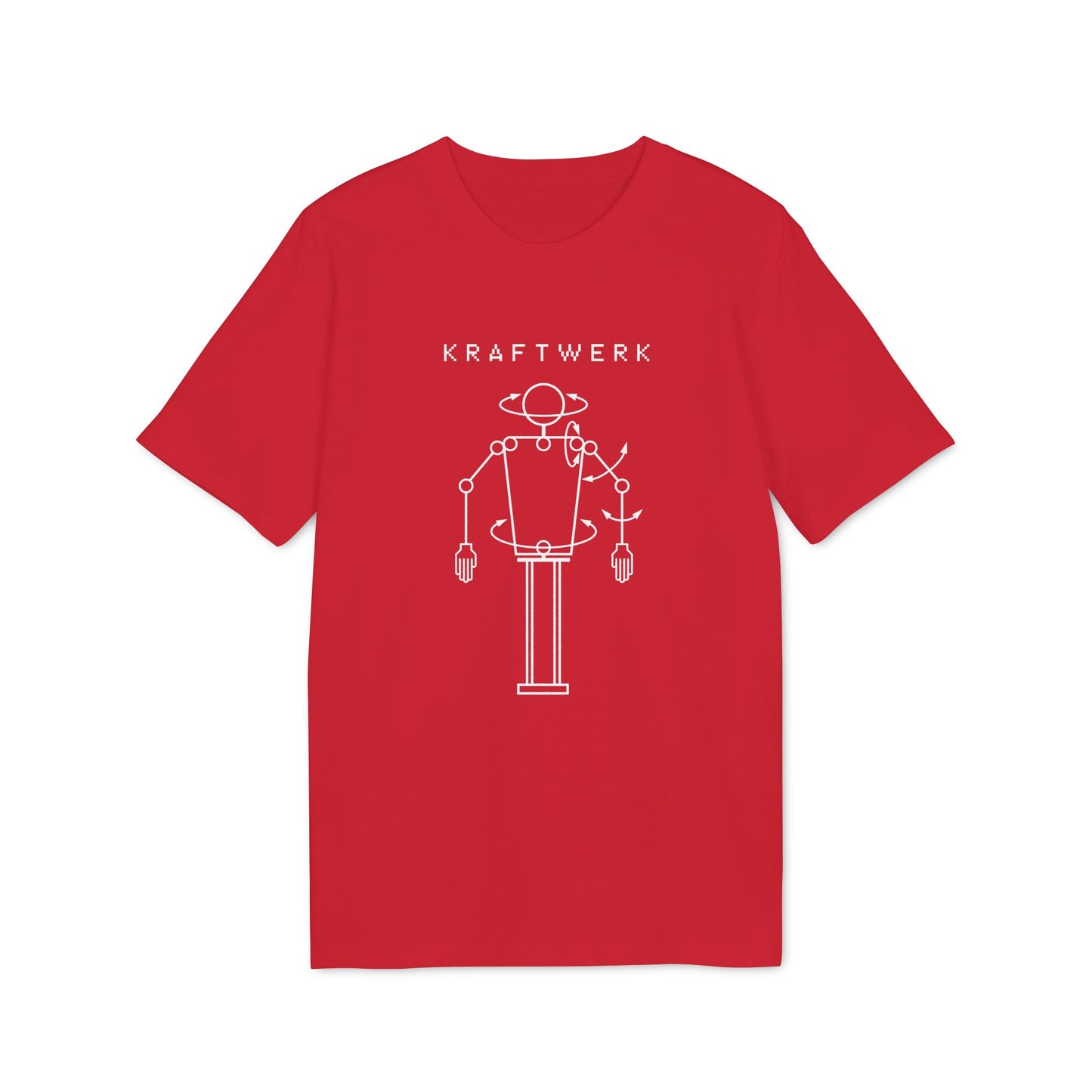 Red t-shirt with "KRAFTWERK" text and a white outline of a robot.