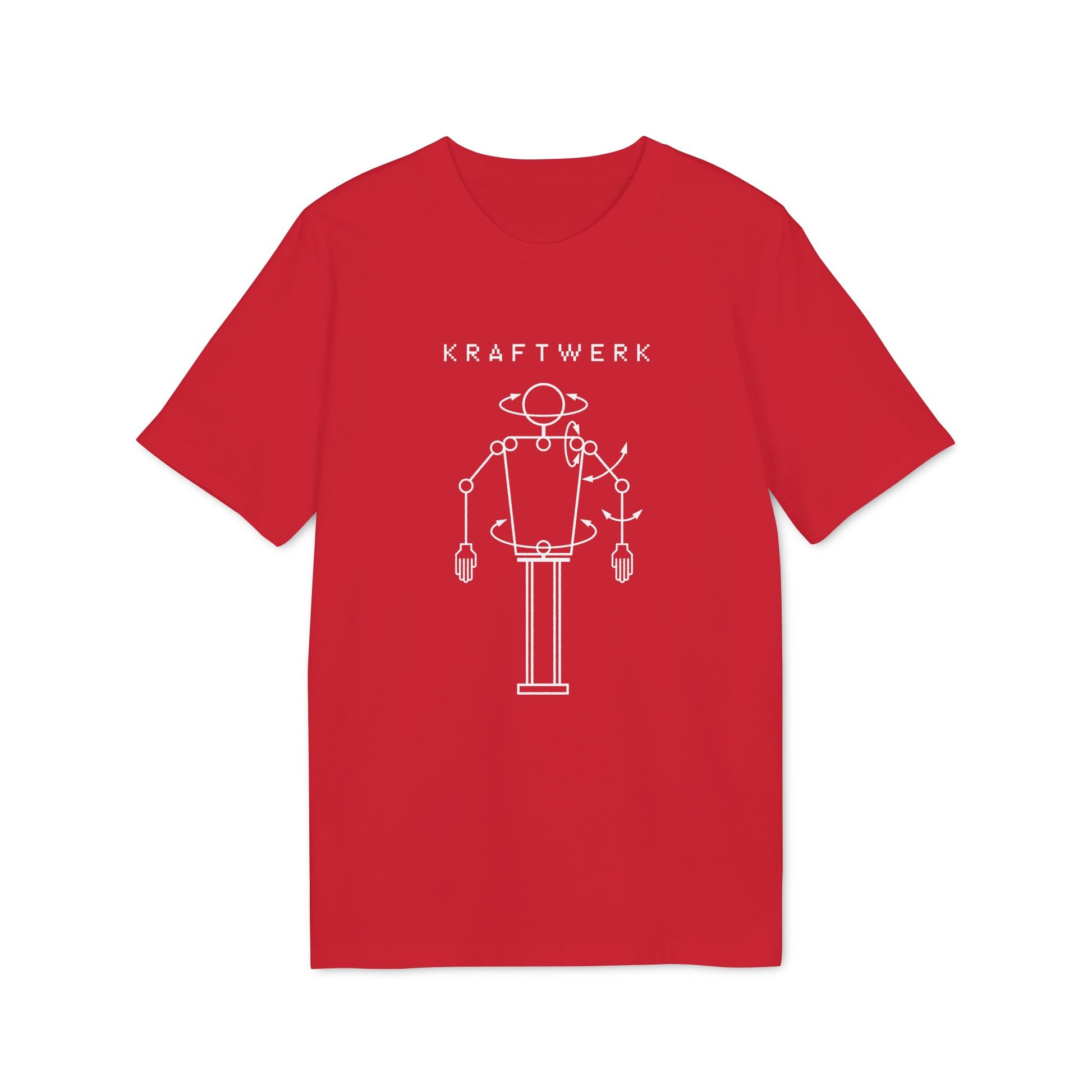 Red t-shirt with "KRAFTWERK" text and a white outline of a robot.