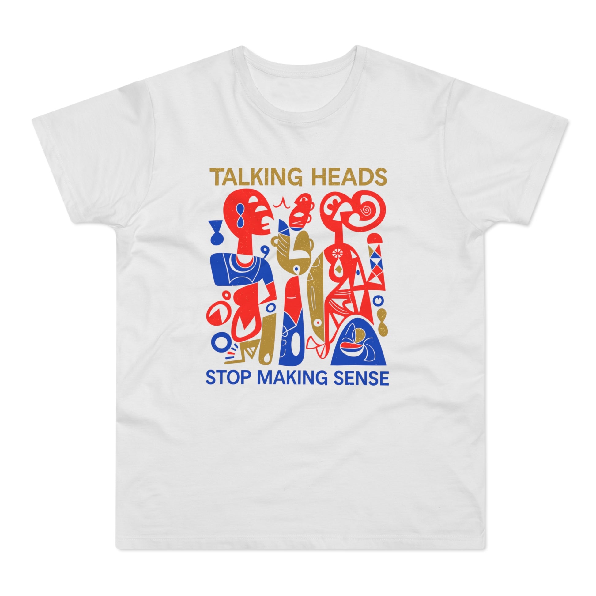 White t-shirt with "TALKING HEADS STOP MAKING SENSE" and abstract figures.