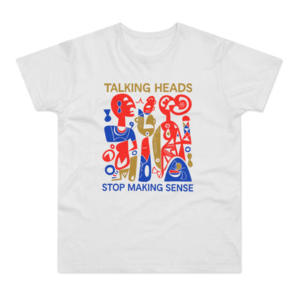 White t-shirt with "TALKING HEADS STOP MAKING SENSE" and abstract figures.