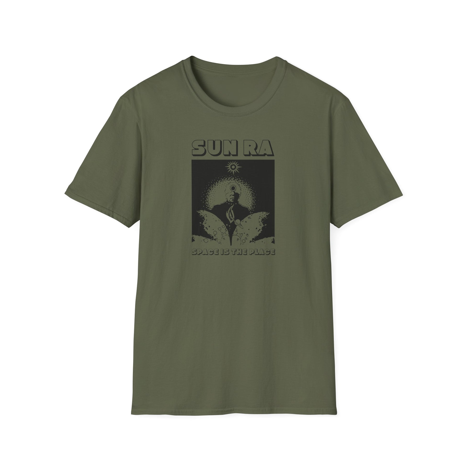Green t-shirt with "Sun Ra" text and "Space is the Place" on black graphic.
