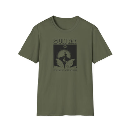 Green t-shirt with "Sun Ra" text and "Space is the Place" on black graphic.
