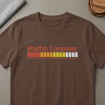 Brown t-shirt with "Rhythm Composer" text and graphic of drum machine pads.