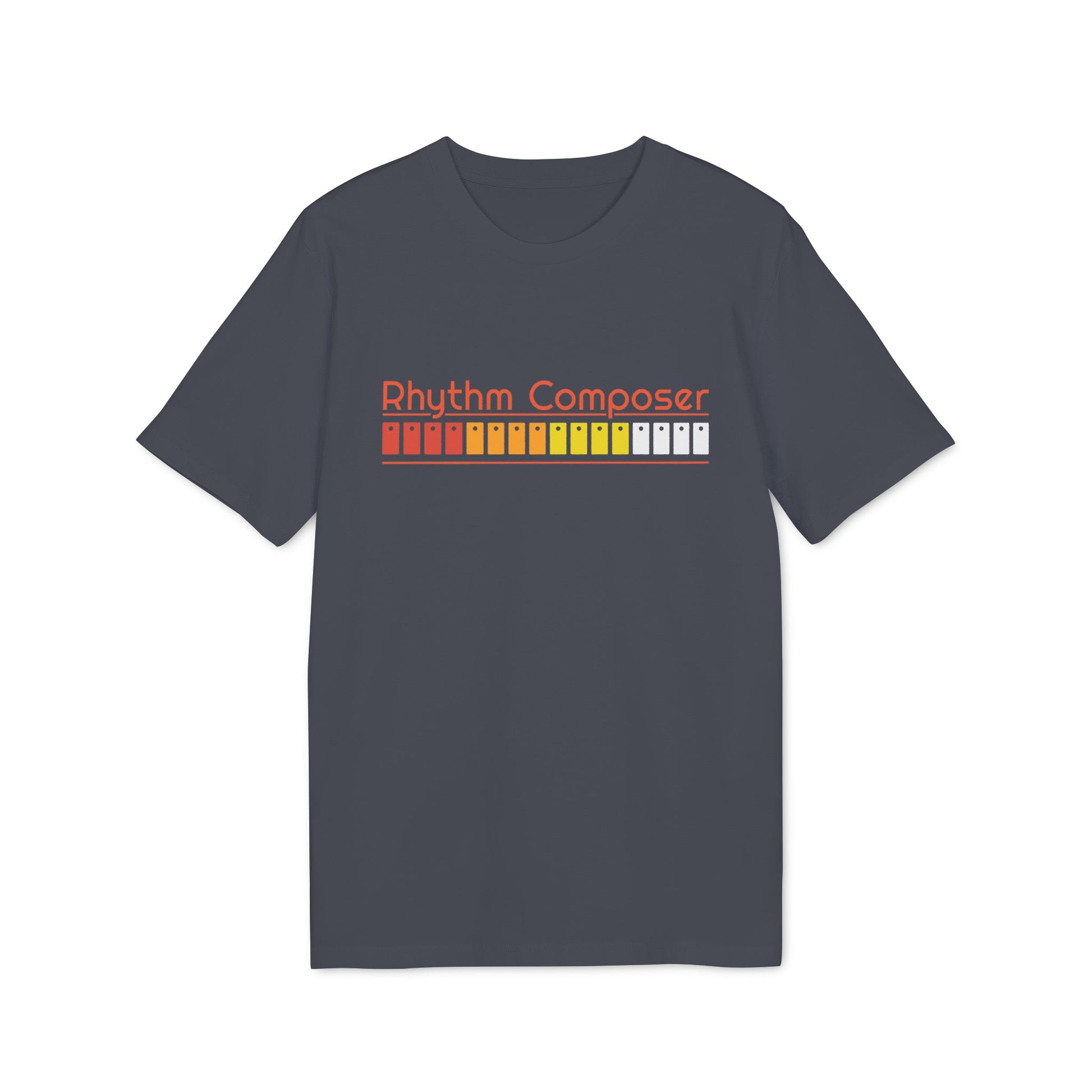 Dark grey t-shirt with "Rhythm Composer" text and colorful grid pattern.