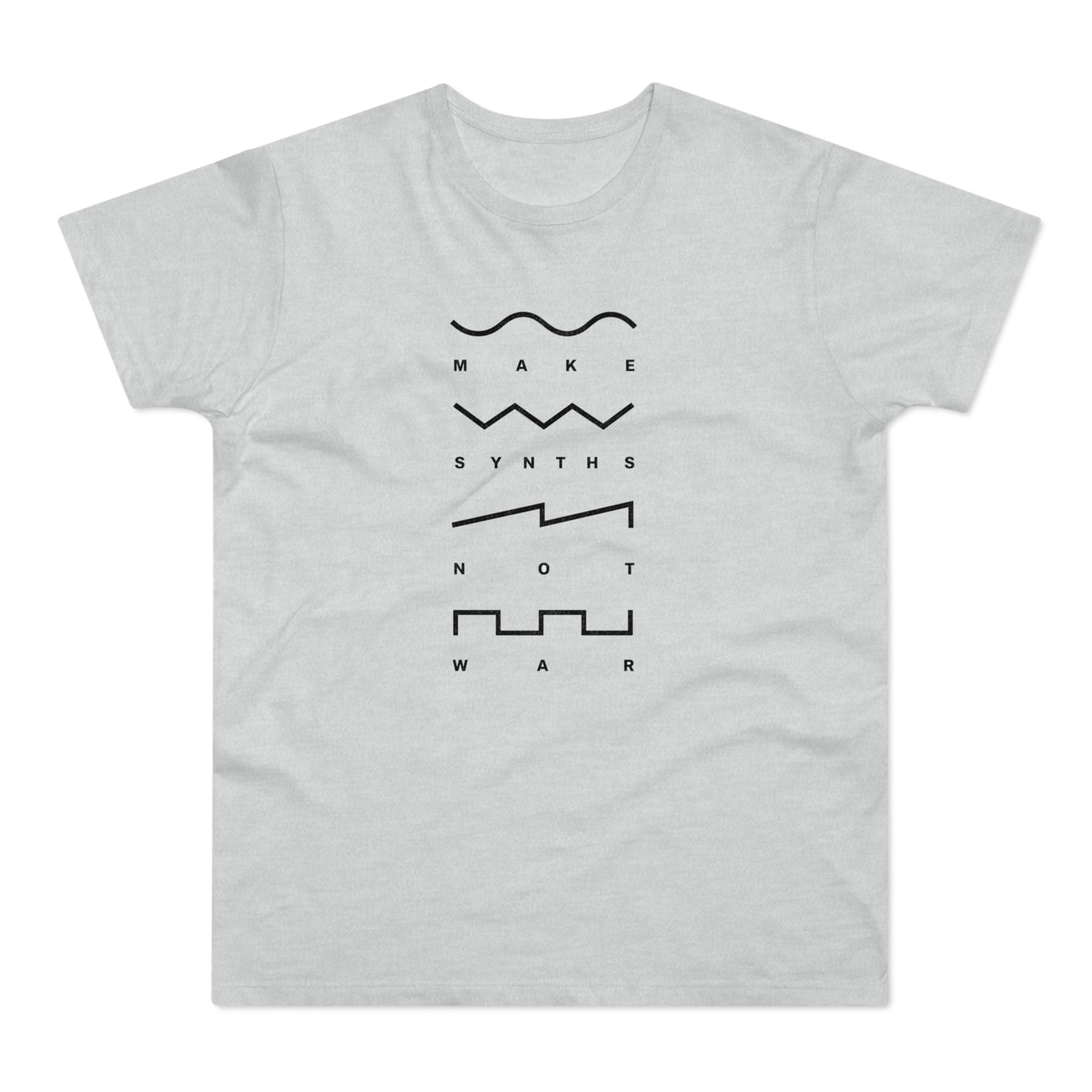 Light gray t-shirt with "Make Synths Not War" and waveform graphics.