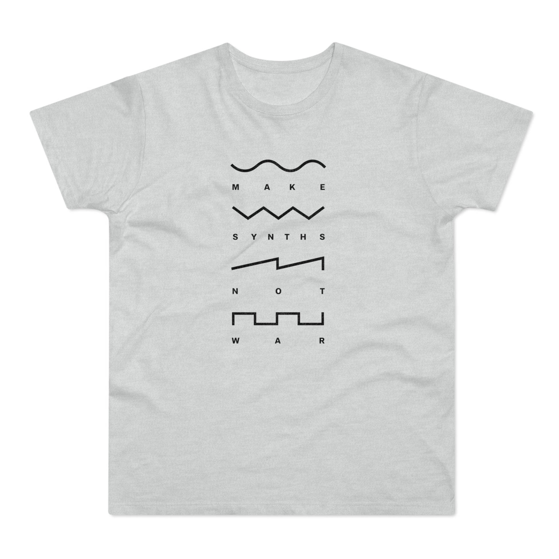 Light gray t-shirt with "Make Synths Not War" and waveform graphics.