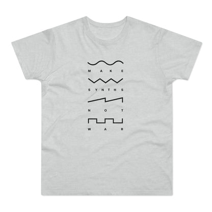 Light gray t-shirt with "Make Synths Not War" and waveform graphics.