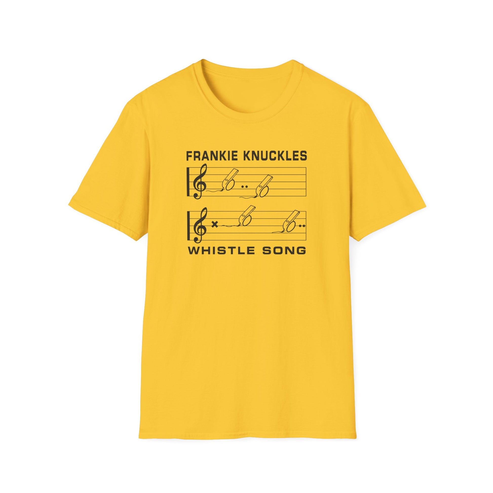 Yellow t-shirt with "Frankie Knuckles Whistle Song" and musical notes.