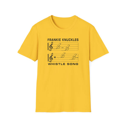 Yellow t-shirt with "Frankie Knuckles Whistle Song" and musical notes.