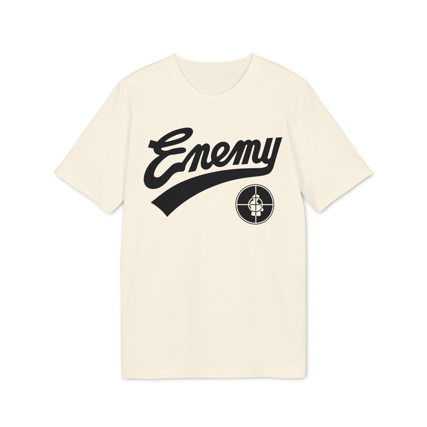 Cream t-shirt with black "Enemy" text and a target logo.