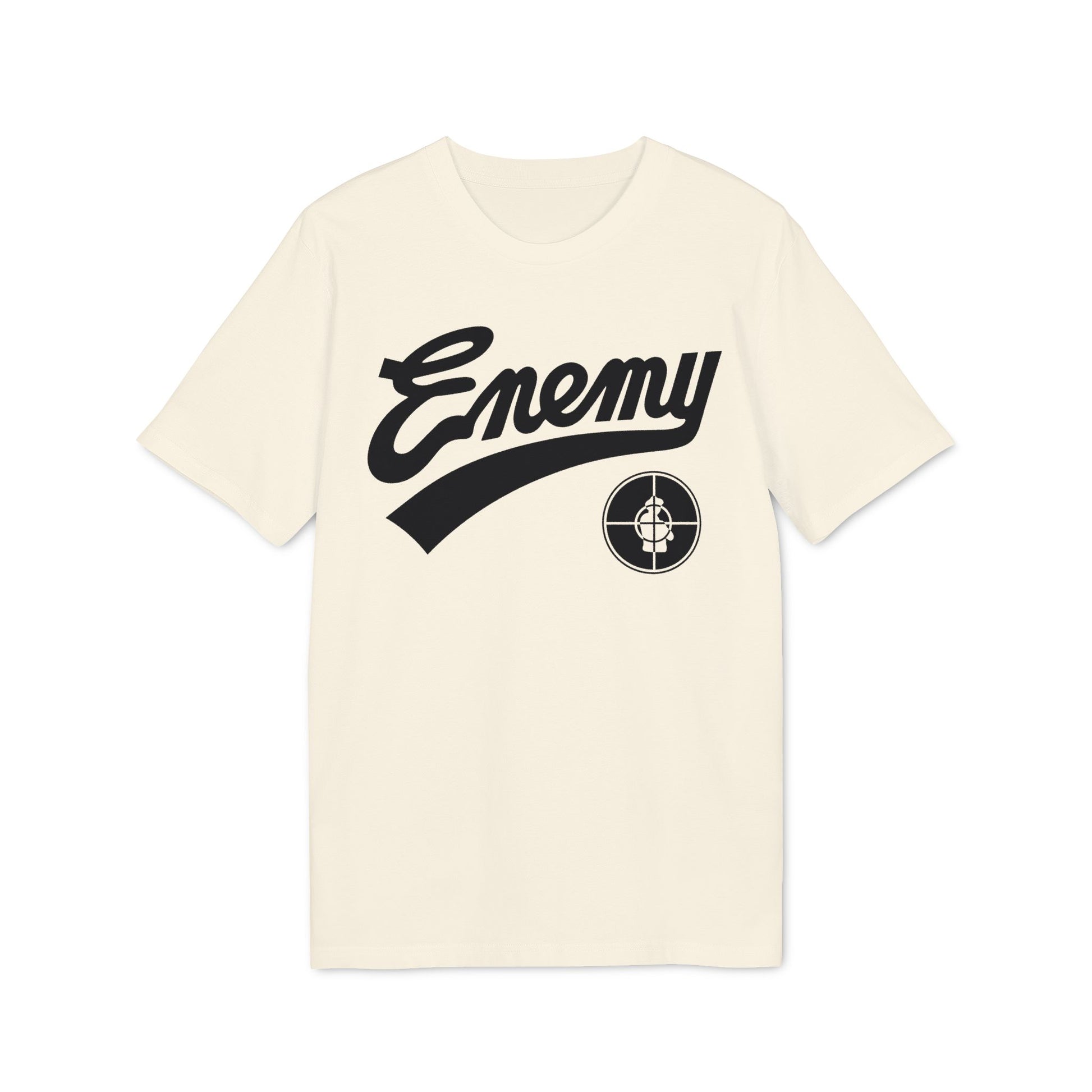 Cream t-shirt with black "Enemy" text and a target logo.