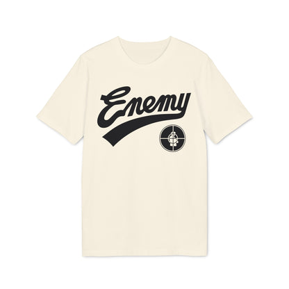 Cream t-shirt with black "Enemy" text and a target logo.