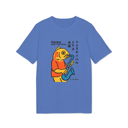 Cartoon fish playing saxophone with "OSAKA JAZZ FESTIVAL" and Japanese text.