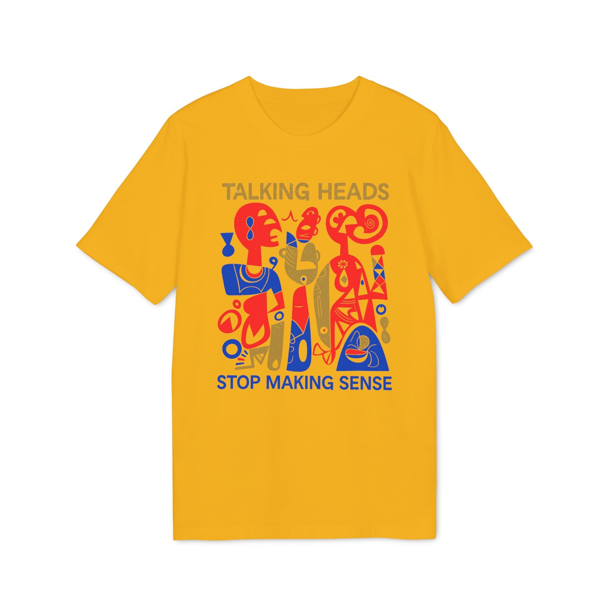 Yellow t-shirt with Talking Heads Stop Making Sense album art and text.