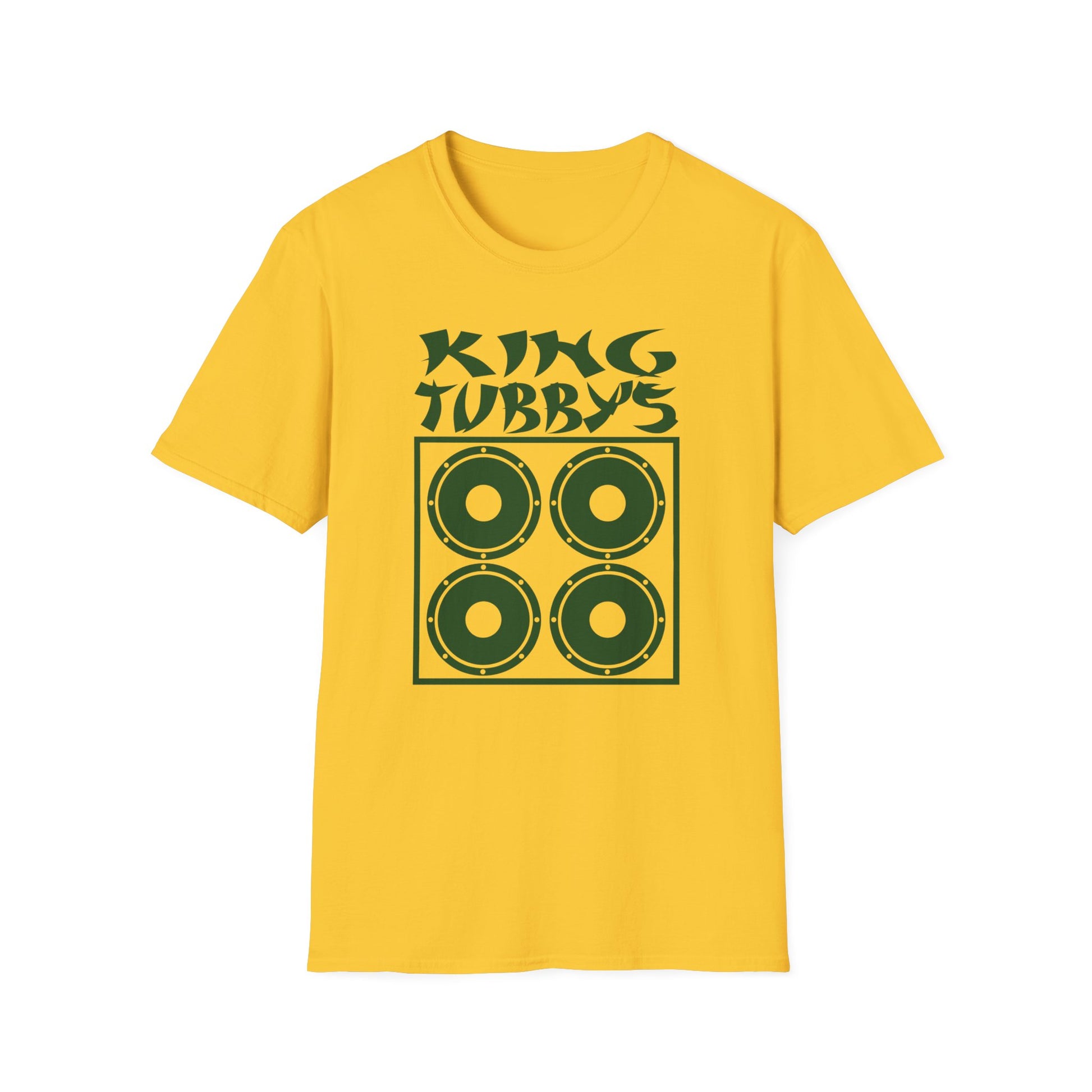 Yellow t-shirt with green "KING TUBBY’S" text and a four-speaker graphic.
