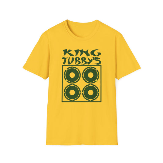 Yellow t-shirt with green "KING TUBBY’S" text and a four-speaker graphic.