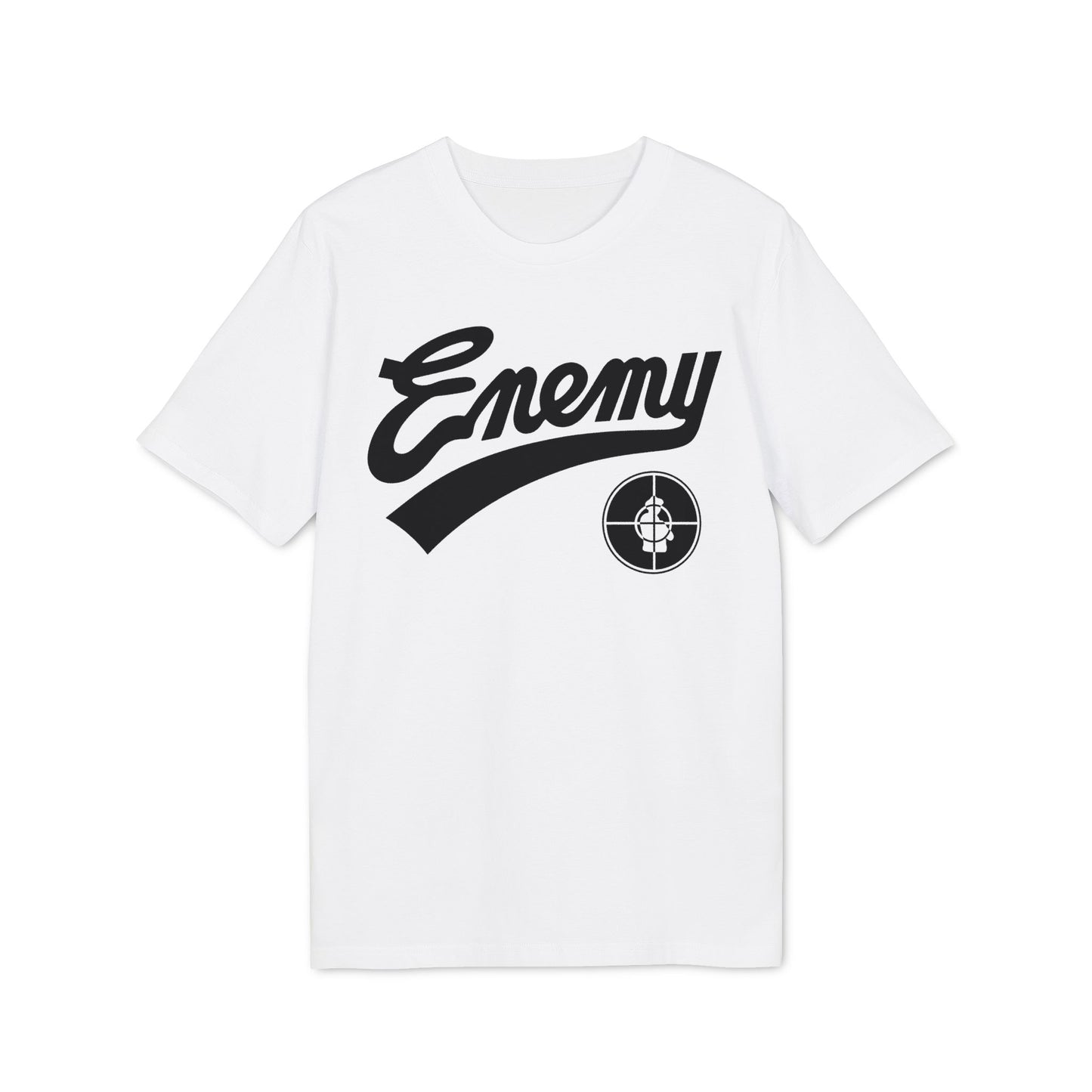 White t-shirt with black "Enemy" text and target logo.