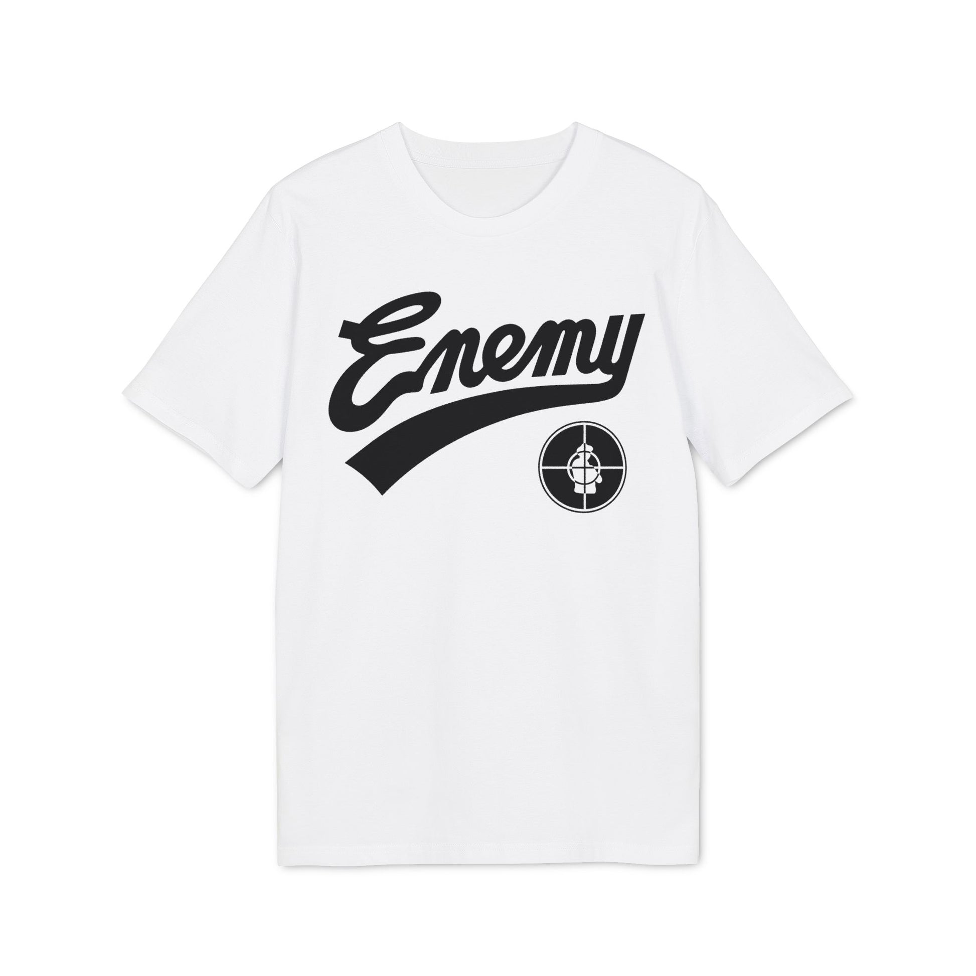 White t-shirt with black "Enemy" text and target logo.