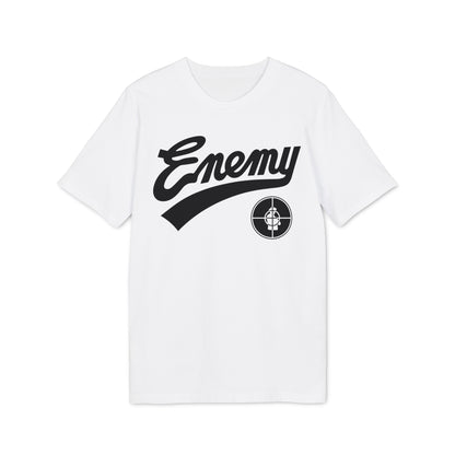 White t-shirt with black "Enemy" text and target logo.