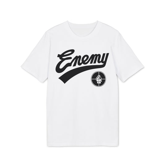 White t-shirt with black "Enemy" text and target logo.