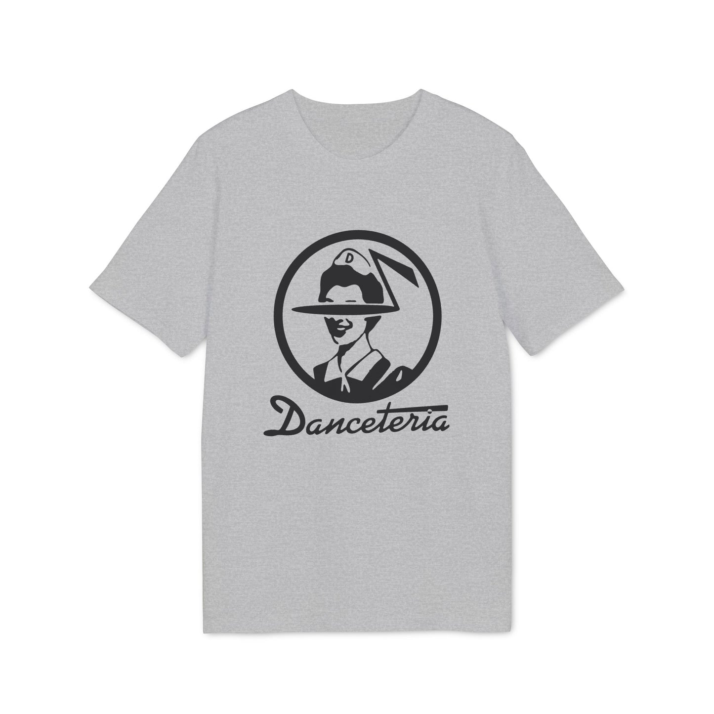 Grey t-shirt with black Danceteria logo featuring a circled woman wearing a hat.