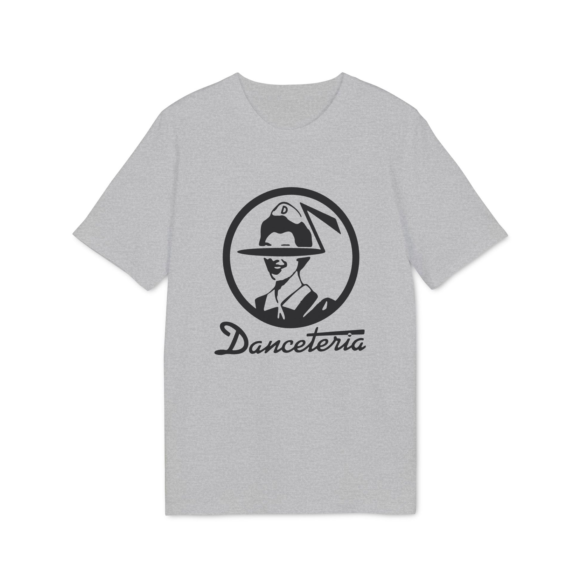 Grey t-shirt with black Danceteria logo featuring a circled woman wearing a hat.