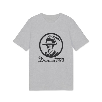 Grey t-shirt with black Danceteria logo featuring a circled woman wearing a hat.