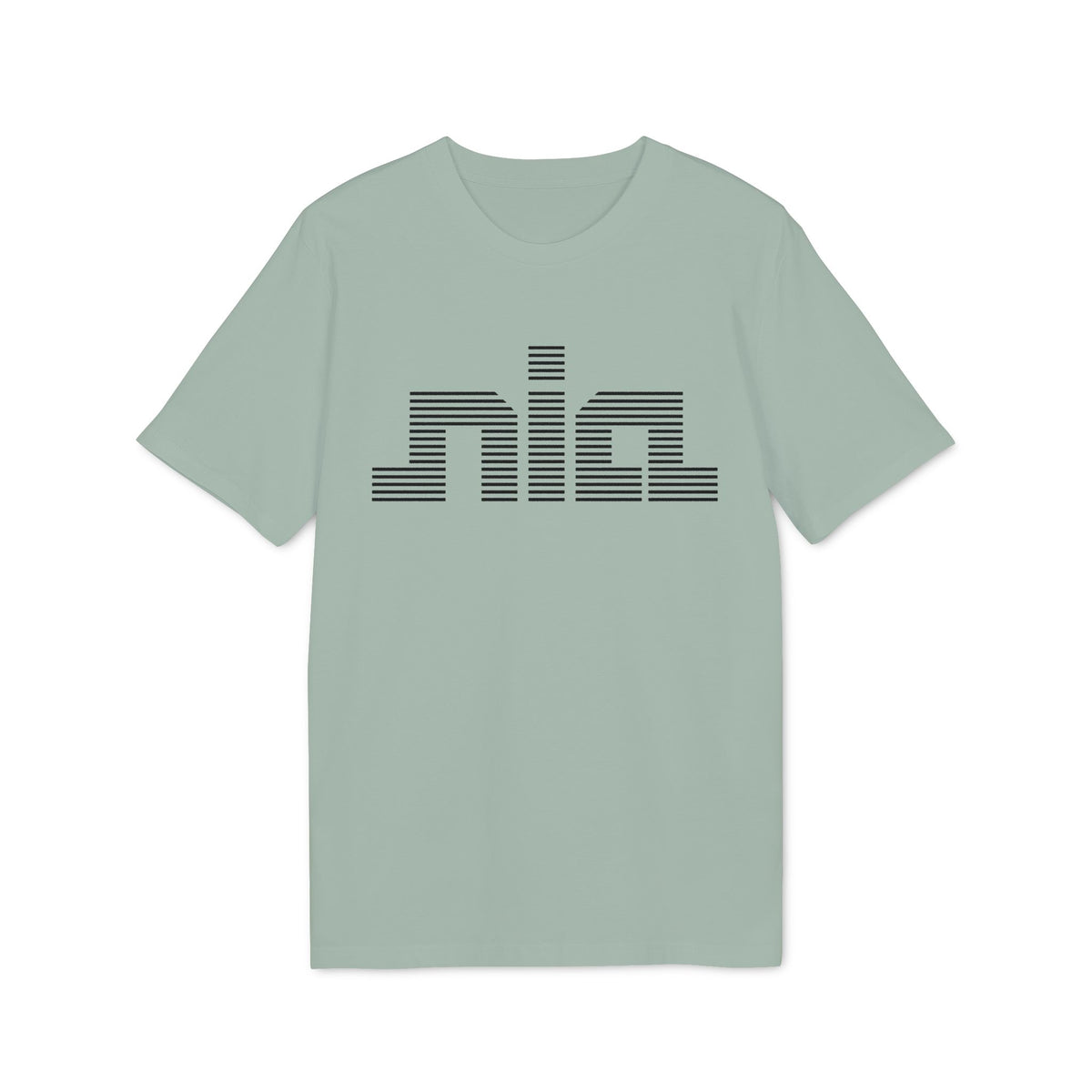 Light green t-shirt with black horizontal stripe logo text "nia".