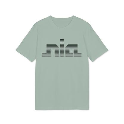 Light green t-shirt with black horizontal stripe logo text "nia".